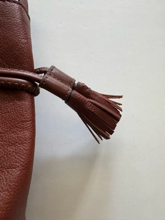 Fossil Women's  Rayna Drawstring Tassel Cognac Leather Crossbody Bucket Bag - Picture 4 of 7